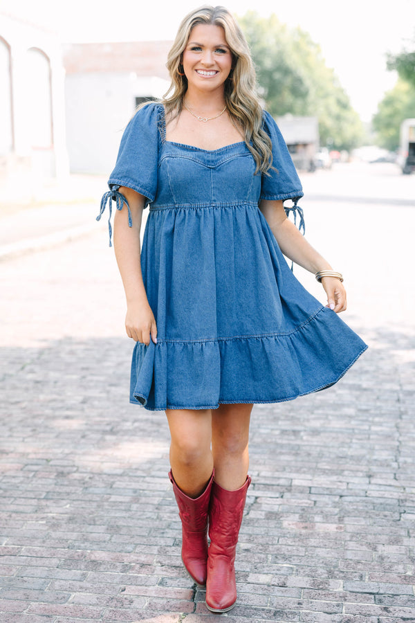 Chic Soul plus size clothing, medium wash denim short-bubble sleeve sweetheart neckline babydoll dress with tied bow details on sleeves