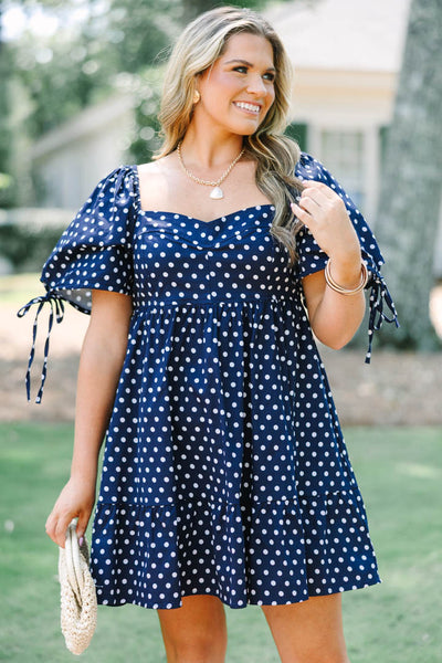denim polka dot dress Women's Love Dress, Blue Relaxed shift silhouette Lorcella Dress Delft – Color:Deep Blue Denim brand:Orchid Bloom
