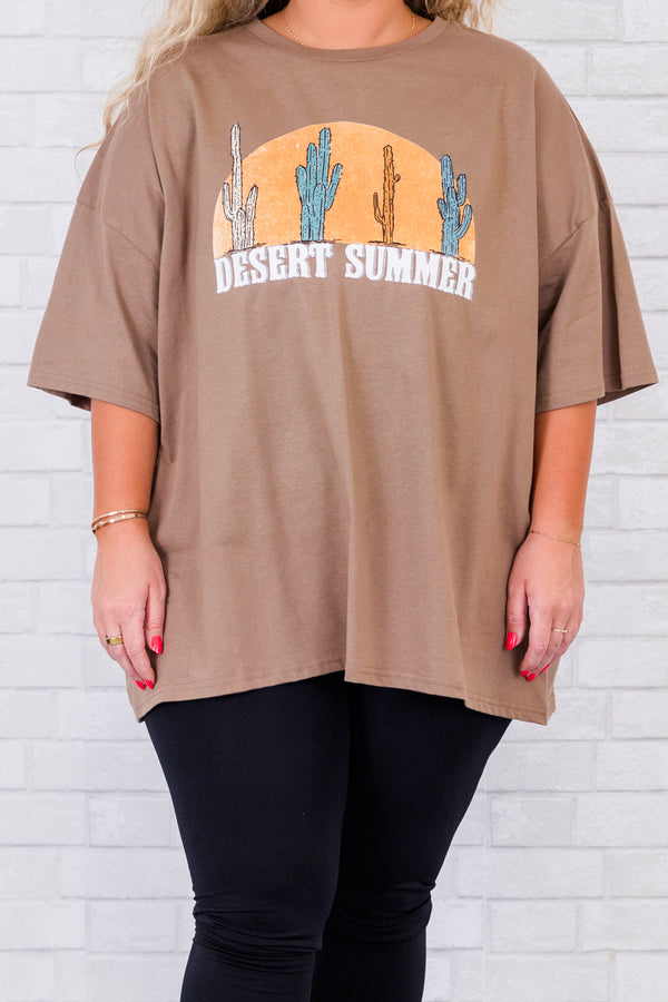 Chic Soul plus size clothing, short-sleeve espresso brown boyfriend tee with desert cactus graphic stating 