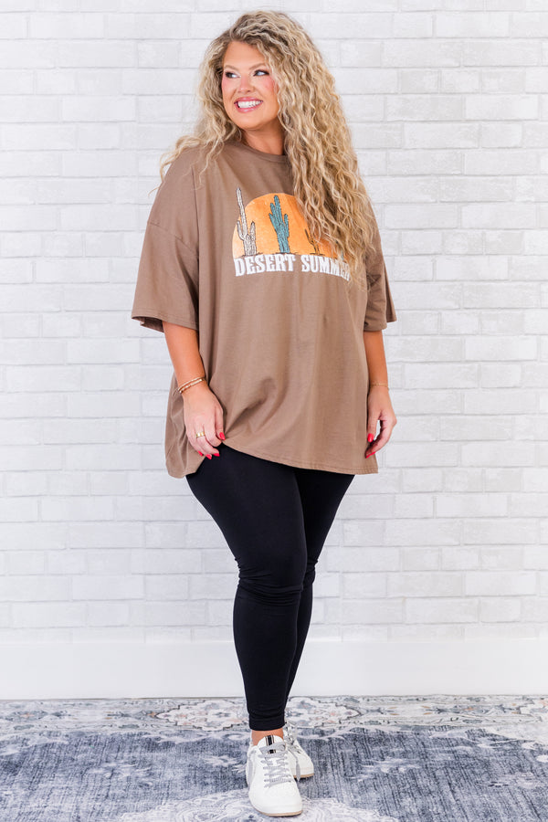 Chic Soul plus size clothing, short-sleeve espresso brown boyfriend tee with desert cactus graphic stating 