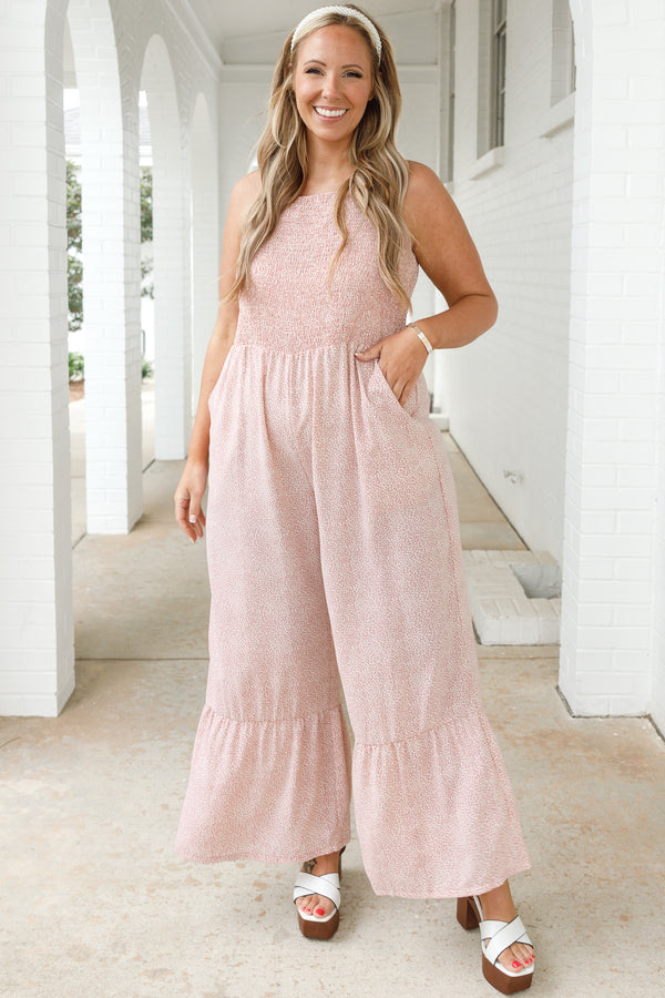 Chic Soul plus size clothing, mauve jumpsuit with white spotted pattern and a smocked bodice