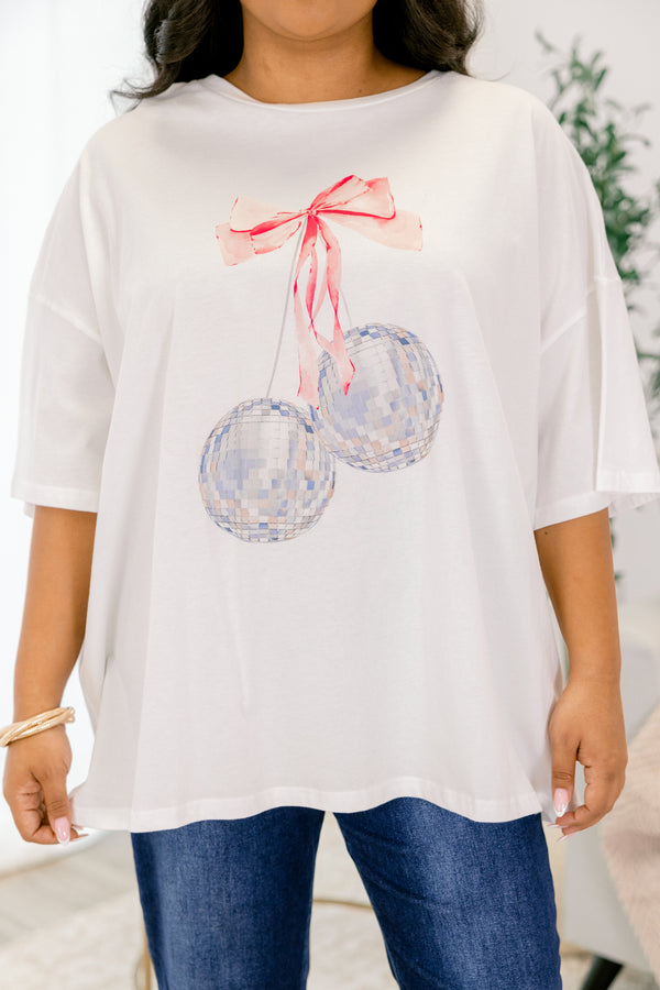 Chic Soul plus size clothing, white short sleeve boyfriend tee with watercolor style mirrorballs to look like cherries and the stem being a pink bow