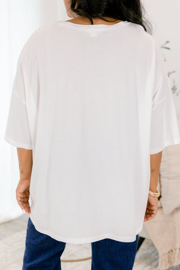 Chic Soul plus size clothing, white short sleeve boyfriend tee with watercolor style mirrorballs to look like cherries and the stem being a pink bow