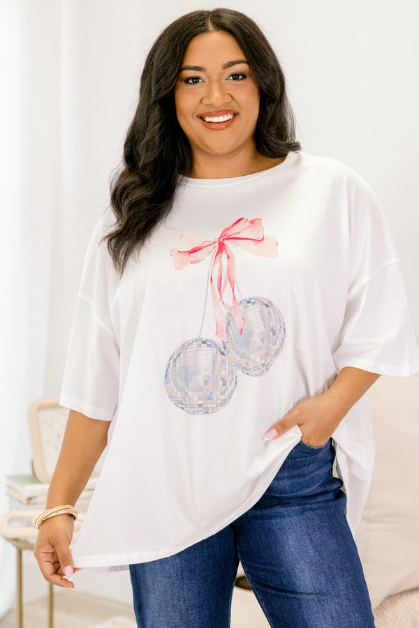 Chic Soul plus size clothing, white short sleeve boyfriend tee with watercolor style mirrorballs to look like cherries and the stem being a pink bow