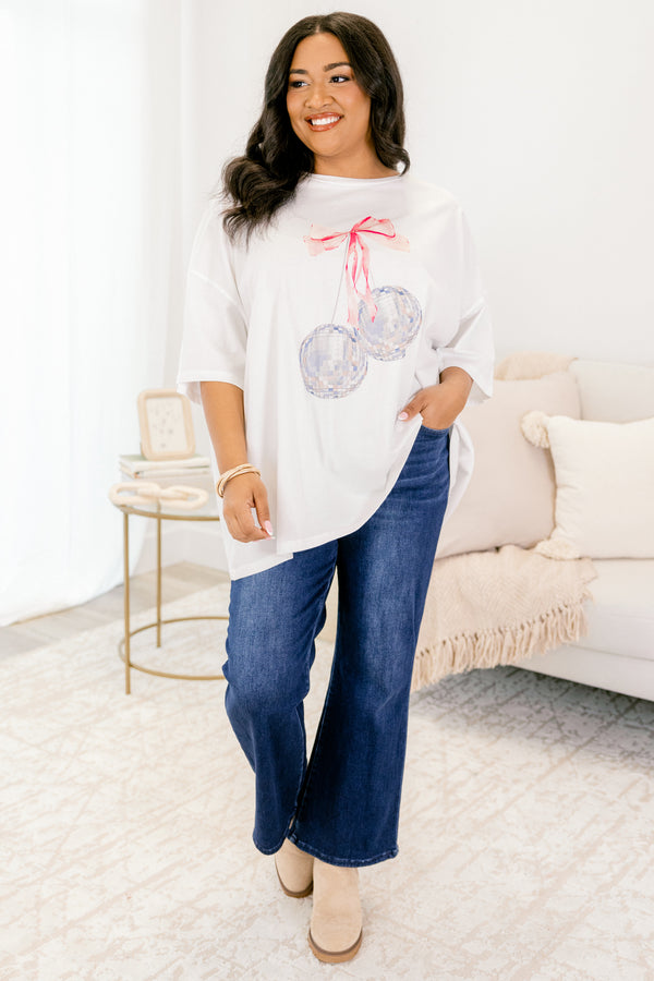Chic Soul plus size clothing, white short sleeve boyfriend tee with watercolor style mirrorballs to look like cherries and the stem being a pink bow