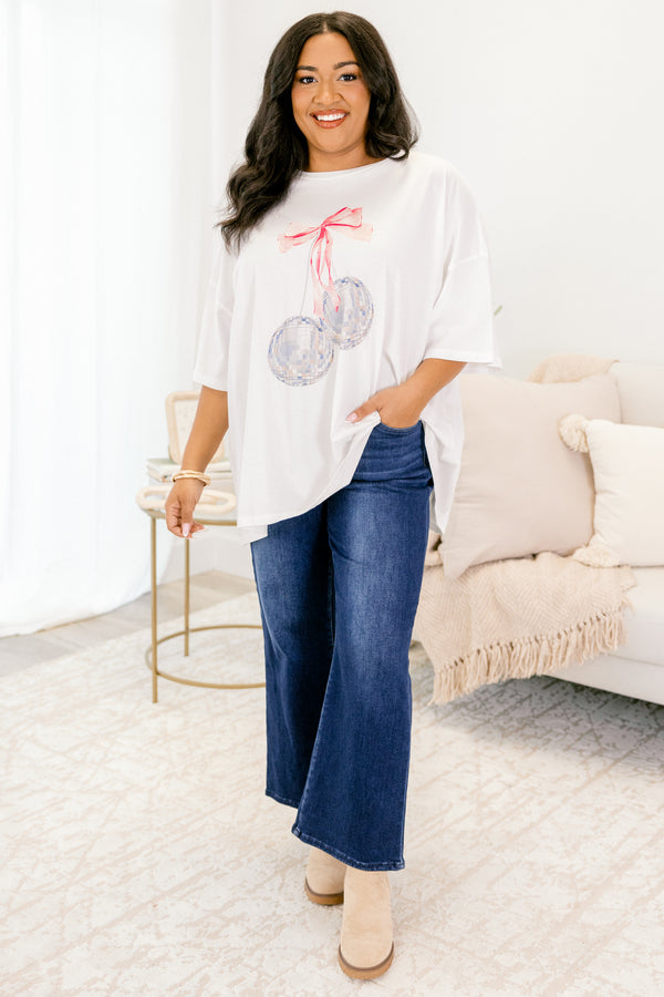 Chic Soul plus size clothing, white short sleeve boyfriend tee with watercolor style mirrorballs to look like cherries and the stem being a pink bow