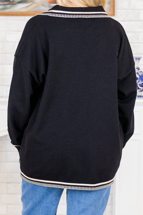 Chic Soul plus size clothing, black long sleeve knit sweater with white trim detailing with cuffed sleeves and v neckline with collar detail with outlining