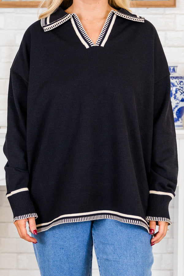 Chic Soul plus size clothing, black long sleeve knit sweater with white trim detailing with cuffed sleeves and v neckline with collar detail with outlining