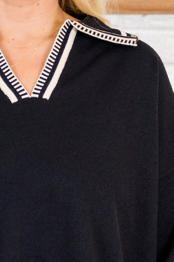 Chic Soul plus size clothing, black long sleeve knit sweater with white trim detailing with cuffed sleeves and v neckline with collar detail with outlining