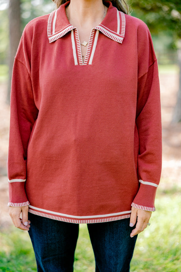 Chic Soul plus size clothing, rust red long sleeve v-neck sweater with collar with white stitching details around the collar, neckline, hem, and sleeves