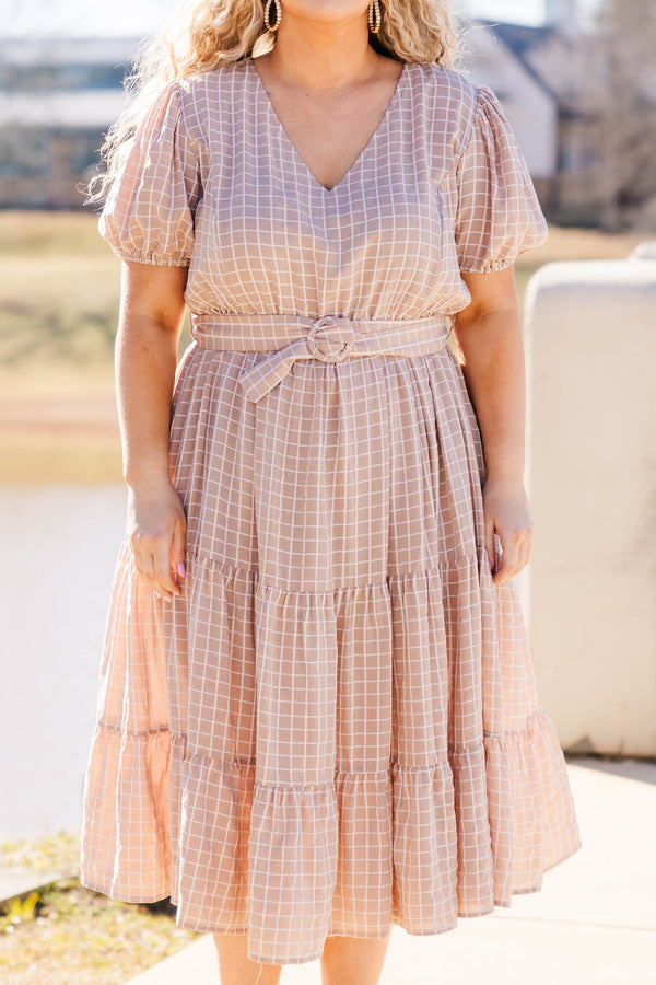 Chic Soul plus size clothing, taupe thin square pattern midi dress with puff short sleeves and a vneck with a looped belt