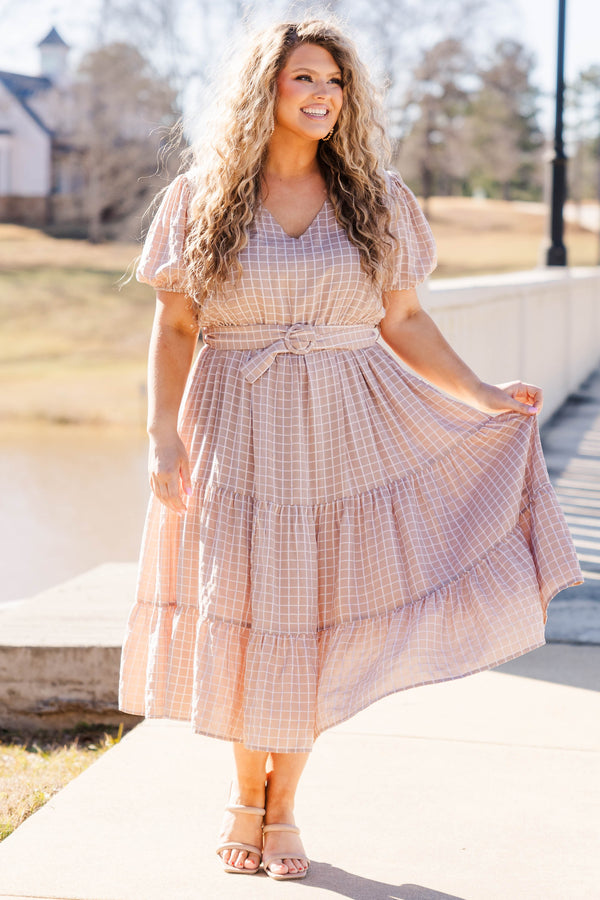 Chic Soul plus size clothing, taupe thin square pattern midi dress with puff short sleeves and a vneck with a looped belt