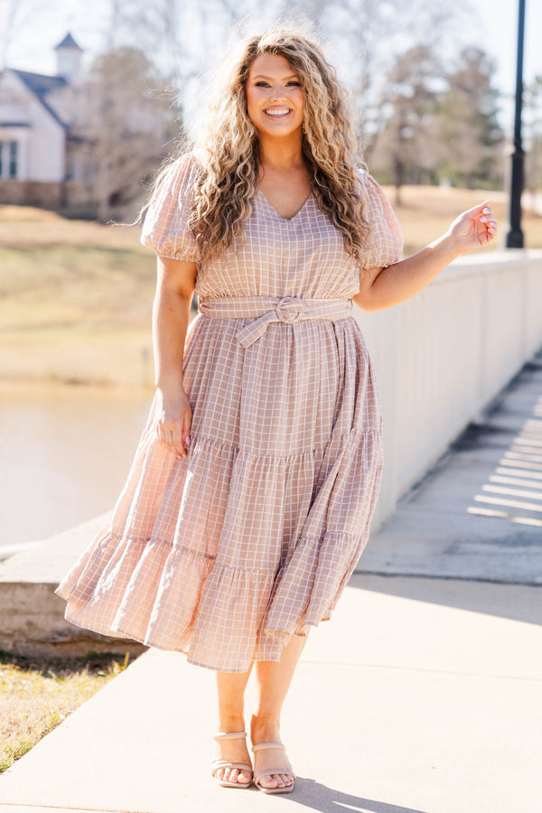 Chic Soul plus size clothing, taupe thin square pattern midi dress with puff short sleeves and a vneck with a looped belt