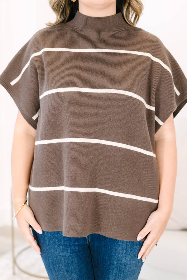 Plus Size brown striped short sleeve sweater with a mock neckline and relaxed fit.