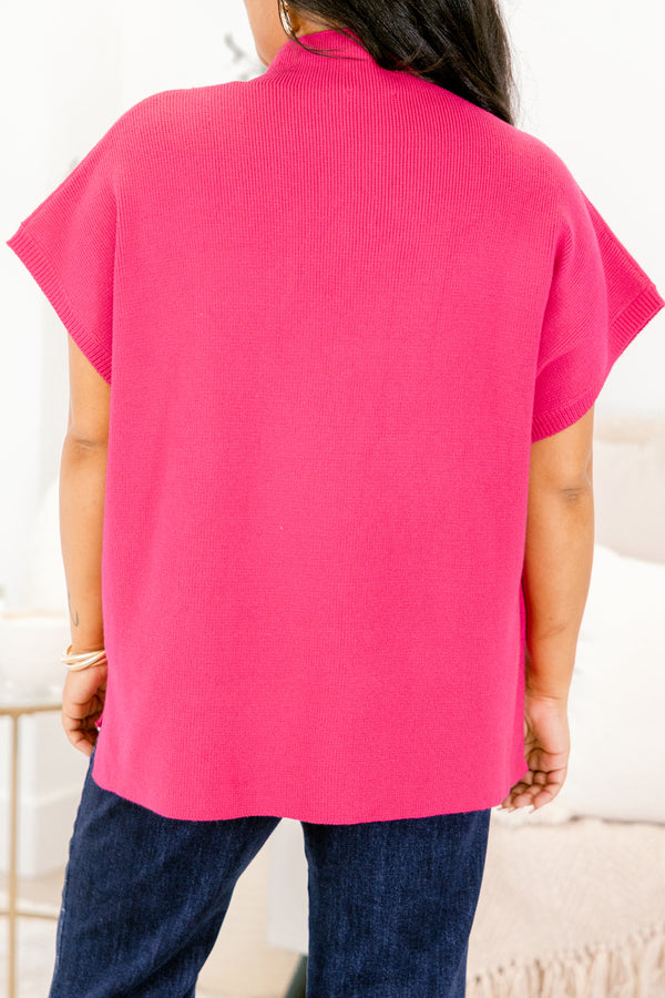 Chic Soul plus size clothing, magenta pink cap sleeve sweater with mock neck