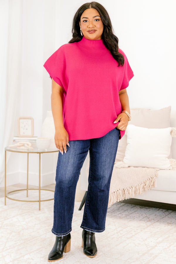 Chic Soul plus size clothing, magenta pink cap sleeve sweater with mock neck