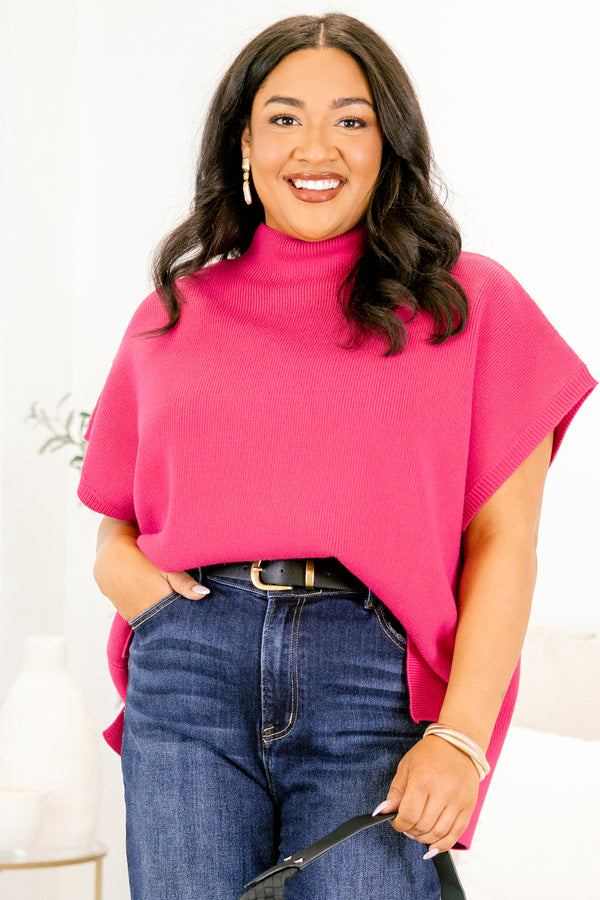 Chic Soul plus size clothing, magenta pink cap sleeve sweater with mock neck