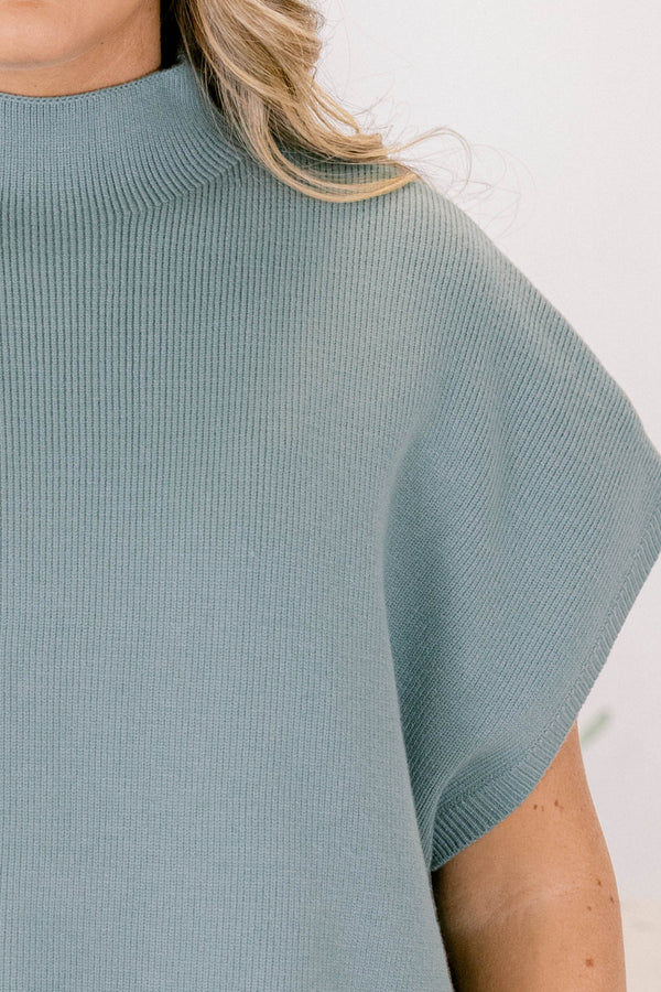 Chic Soul plus size clothing, dusty teal short sleeve high neck sweater top