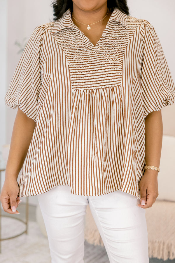 Chic Soul plus size clothing, brown striped top with bubble sleeves and smocked detailing on the chest area and along the v-neckline 
