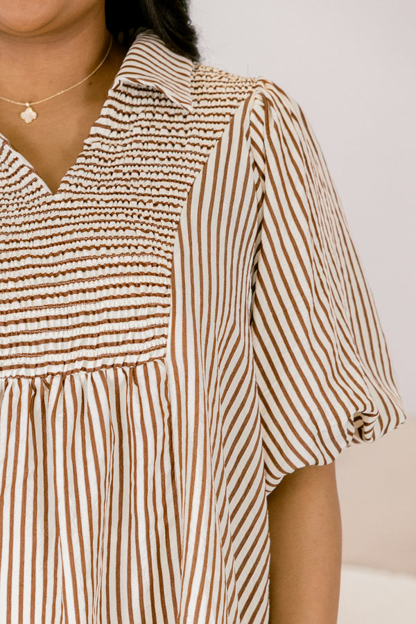 Chic Soul plus size clothing, brown striped top with bubble sleeves and smocked detailing on the chest area and along the v-neckline 