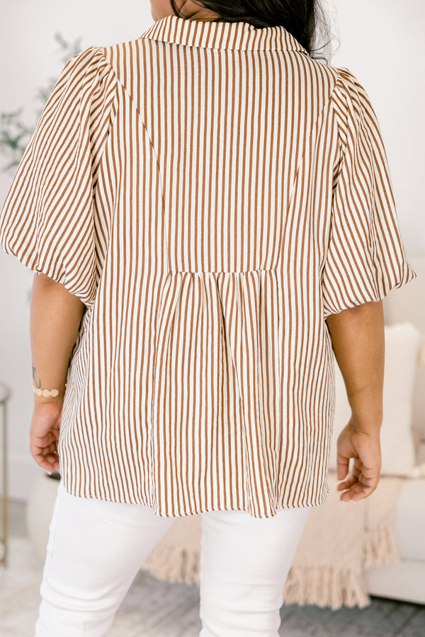 Chic Soul plus size clothing, brown striped top with bubble sleeves and smocked detailing on the chest area and along the v-neckline 