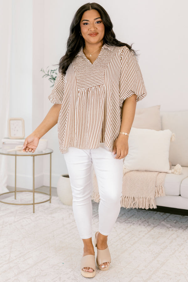 Chic Soul plus size clothing, brown striped top with bubble sleeves and smocked detailing on the chest area and along the v-neckline 