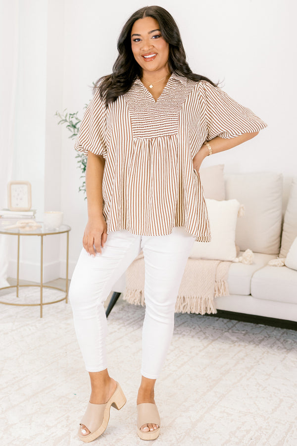 Chic Soul plus size clothing, brown striped top with bubble sleeves and smocked detailing on the chest area and along the v-neckline 