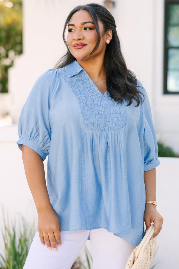 Chic Soul plus size clothing , light blue short sleeve top with rouching texturing on the chest and a collar 