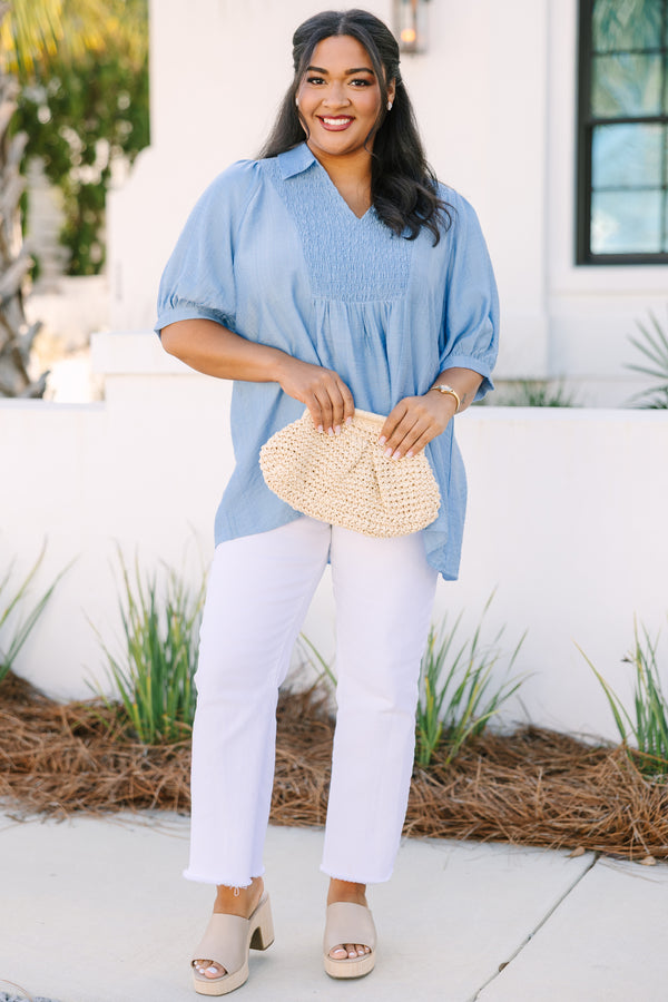Chic Soul plus size clothing , light blue short sleeve top with rouching texturing on the chest and a collar 