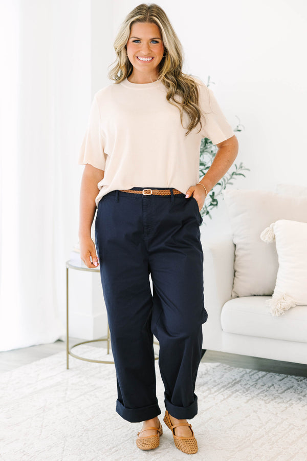 Plus Size navy straight-leg pants with cuffed hems 