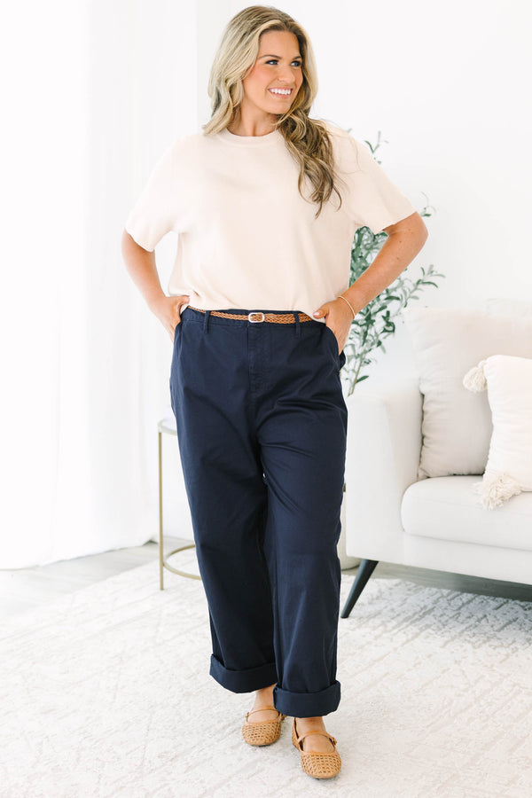 Plus Size navy straight-leg pants with cuffed hems 