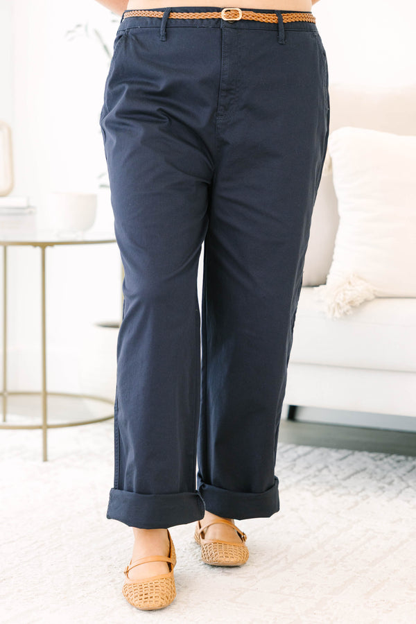 Plus Size navy straight-leg pants with cuffed hems