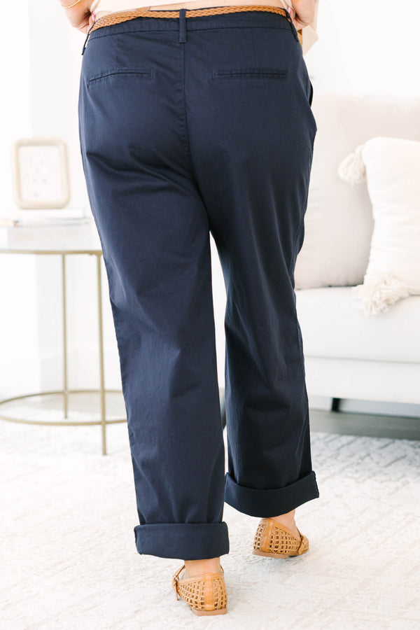 Plus Size navy straight-leg pants with cuffed hems 