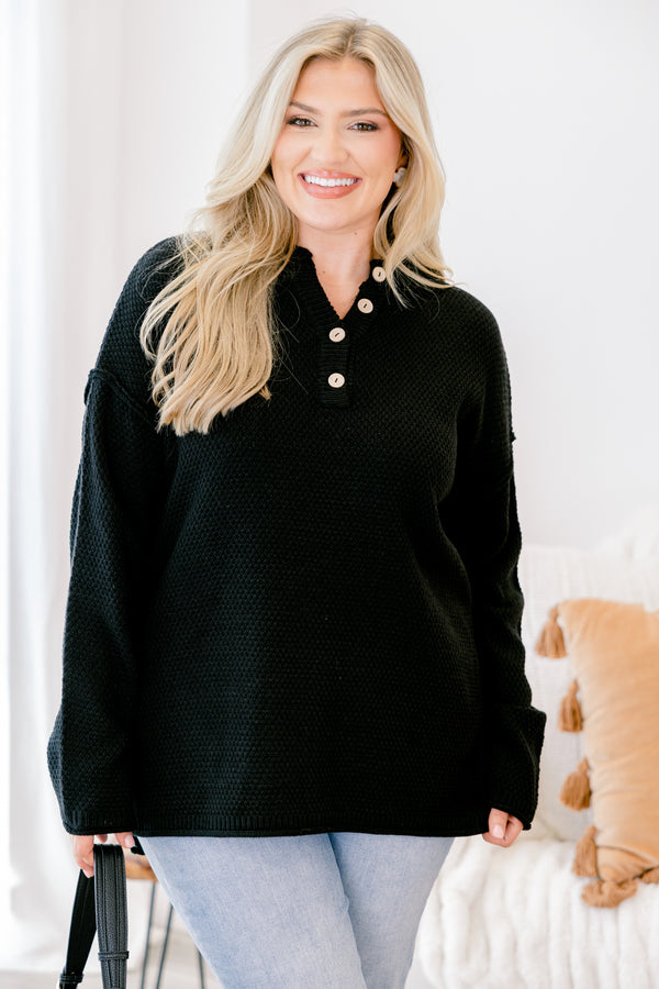 Chic Soul plus size clothing, black long sleeve pullover with a waffle knit texture and buttons going down to the chest 