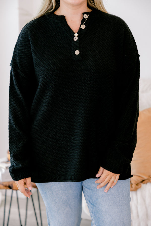Chic Soul plus size clothing, black long sleeve pullover with a waffle knit texture and buttons going down to the chest 
