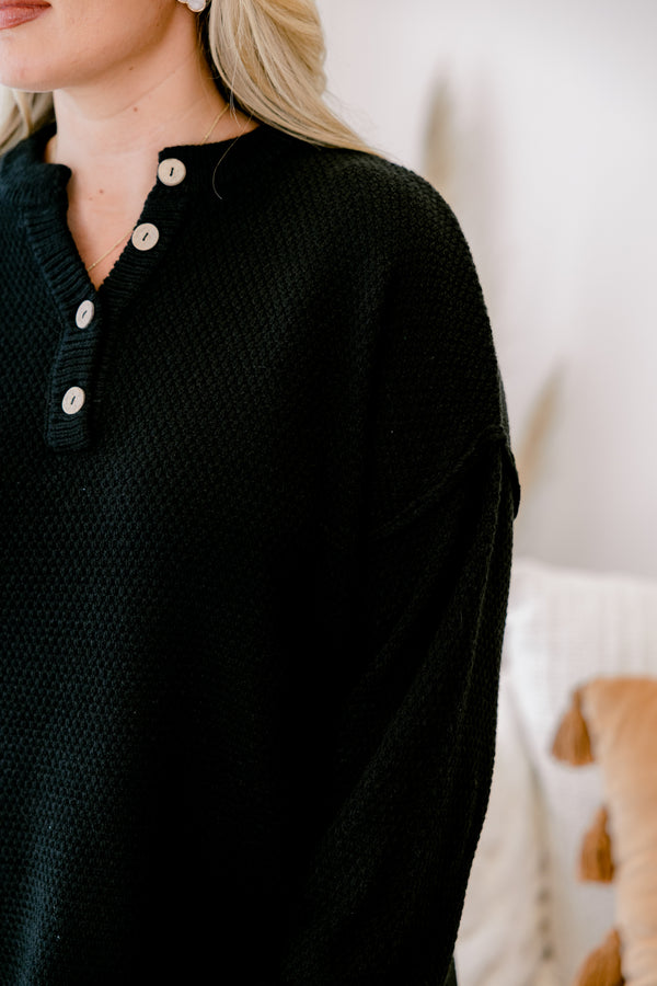 Chic Soul plus size clothing, black long sleeve pullover with a waffle knit texture and buttons going down to the chest 