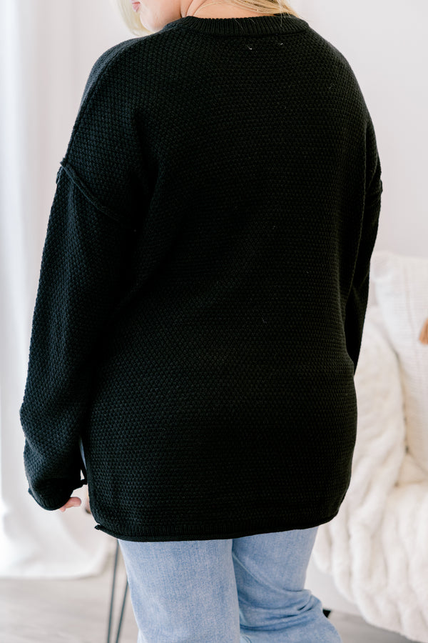 Chic Soul plus size clothing, black long sleeve pullover with a waffle knit texture and buttons going down to the chest 