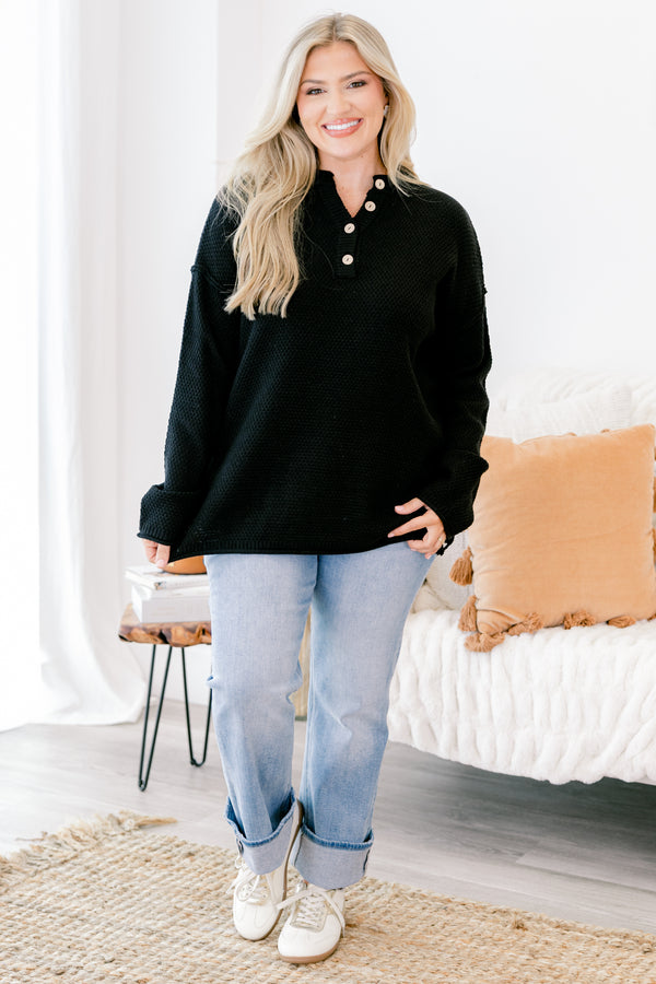 Chic Soul plus size clothing, black long sleeve pullover with a waffle knit texture and buttons going down to the chest 