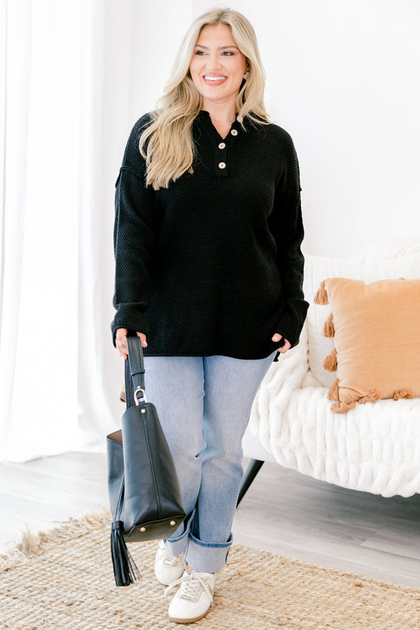 Chic Soul plus size clothing, black long sleeve pullover with a waffle knit texture and buttons going down to the chest 