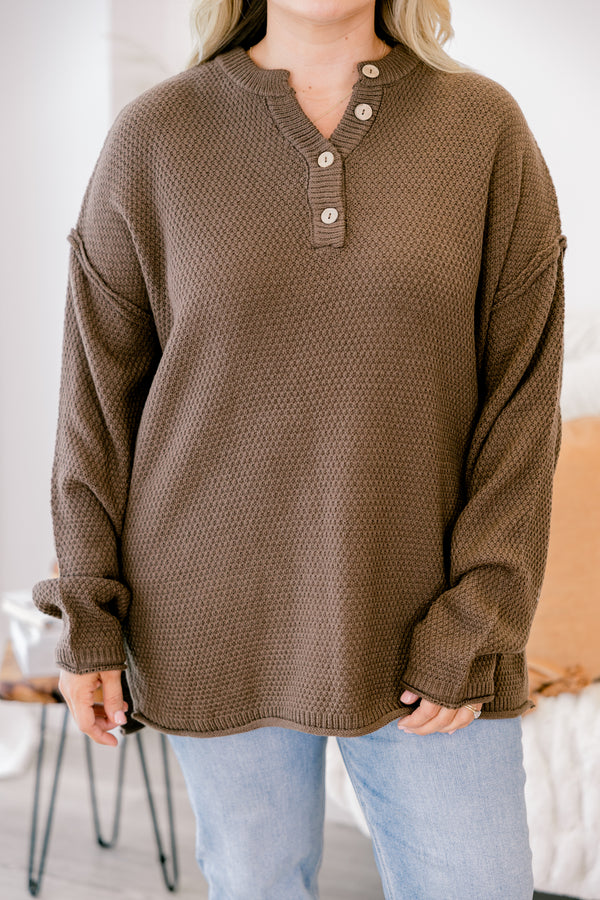 Chic Soul plus size clothing, brown waffle knit pullover with button details going down to the chest 