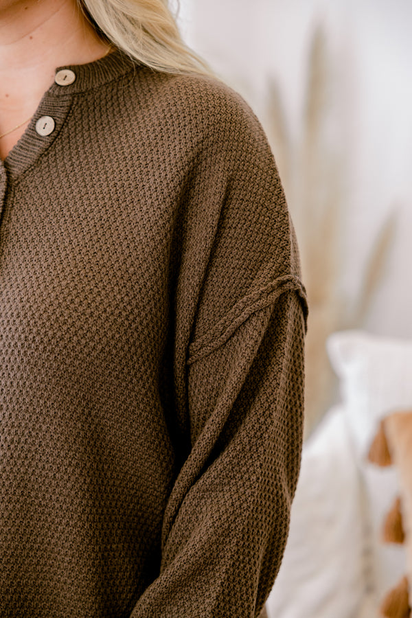 Chic Soul plus size clothing, brown waffle knit pullover with button details going down to the chest 