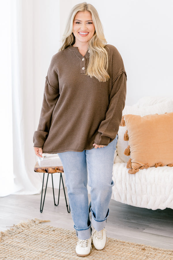 Chic Soul plus size clothing, brown waffle knit pullover with button details going down to the chest 