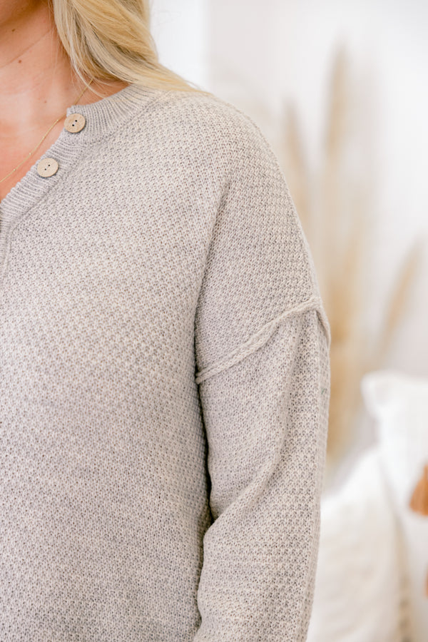 Chic Soul plus size clothing, beige colored waffle knit long sleeve sweater with buttons going down to the chest 