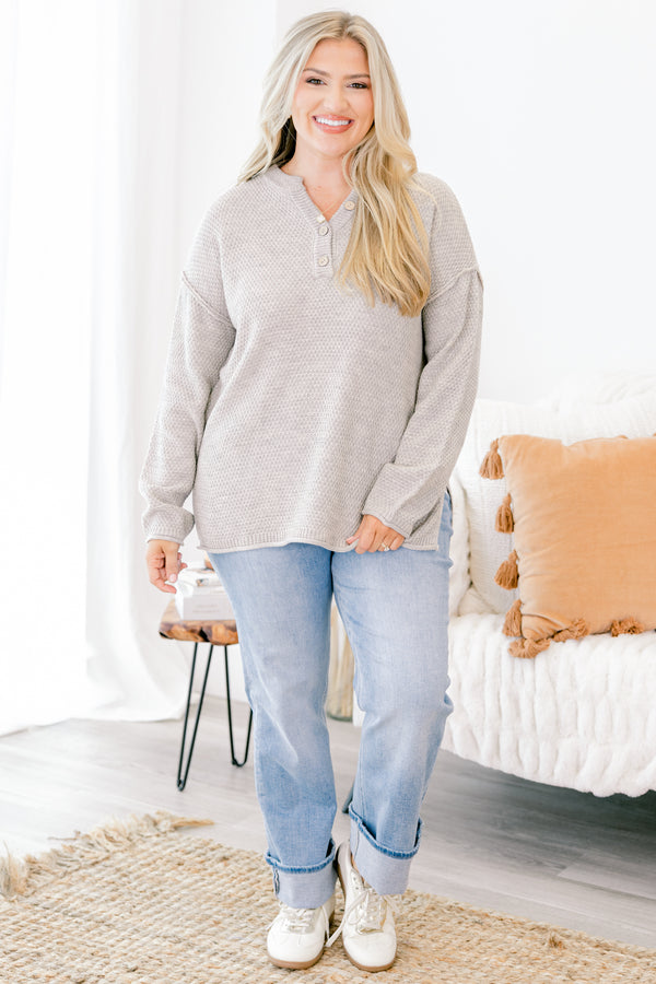 Chic Soul plus size clothing, beige colored waffle knit long sleeve sweater with buttons going down to the chest 