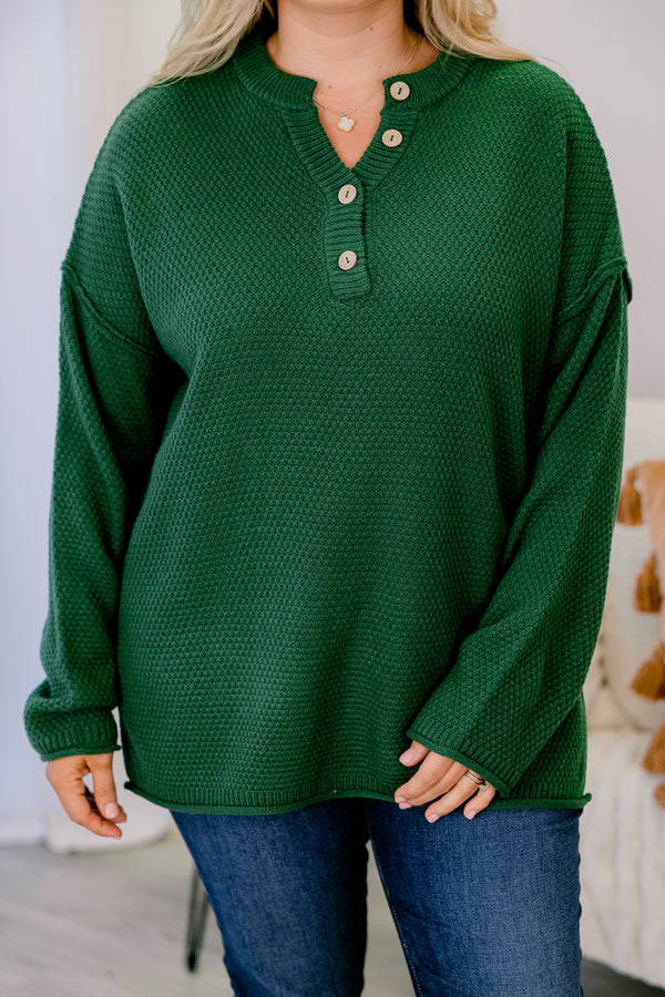 Chic Soul plus size clothing, dark green colored waffle knit long sleeve sweater with buttons going down to the chest 
