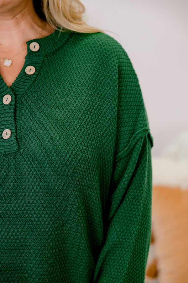 Chic Soul plus size clothing, dark green colored waffle knit long sleeve sweater with buttons going down to the chest 