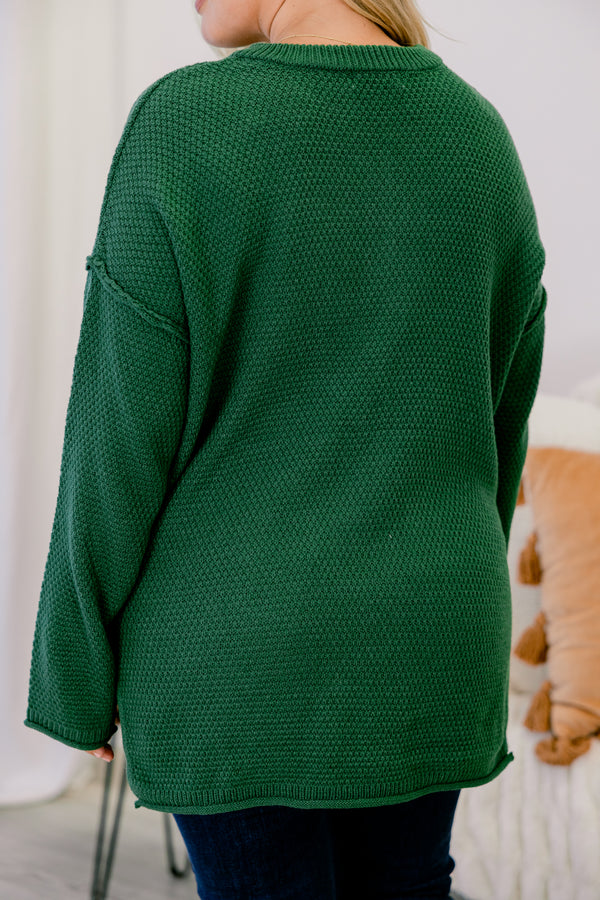 Chic Soul plus size clothing, dark green colored waffle knit long sleeve sweater with buttons going down to the chest 