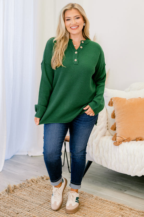 Chic Soul plus size clothing, dark green colored waffle knit long sleeve sweater with buttons going down to the chest 