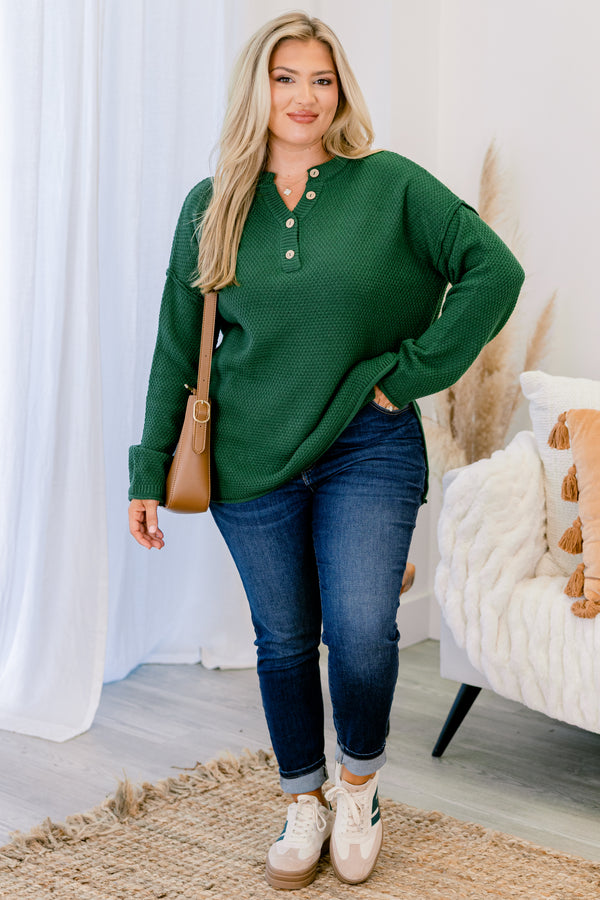 Chic Soul plus size clothing, dark green colored waffle knit long sleeve sweater with buttons going down to the chest 