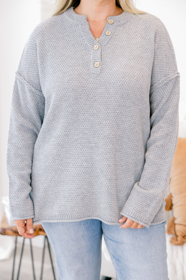 Chic Soul plus size clothing, light gray long sleeve knit sweater with buttons 1/4 of the way down the front